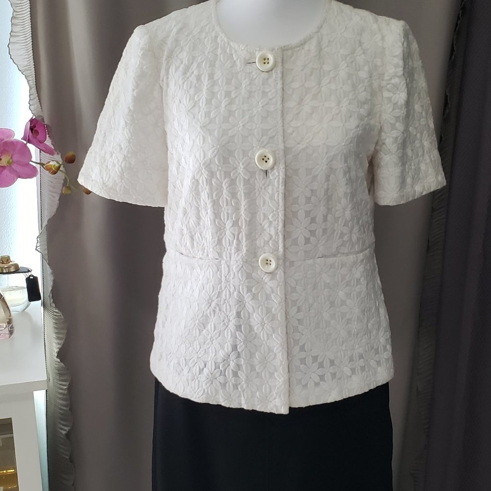 LOFT White Floral Short Sleeve Jacket/Top